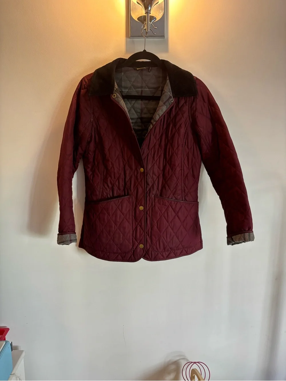 Barbour Quilted Maroon Puffer Jacket with Contrast Collar